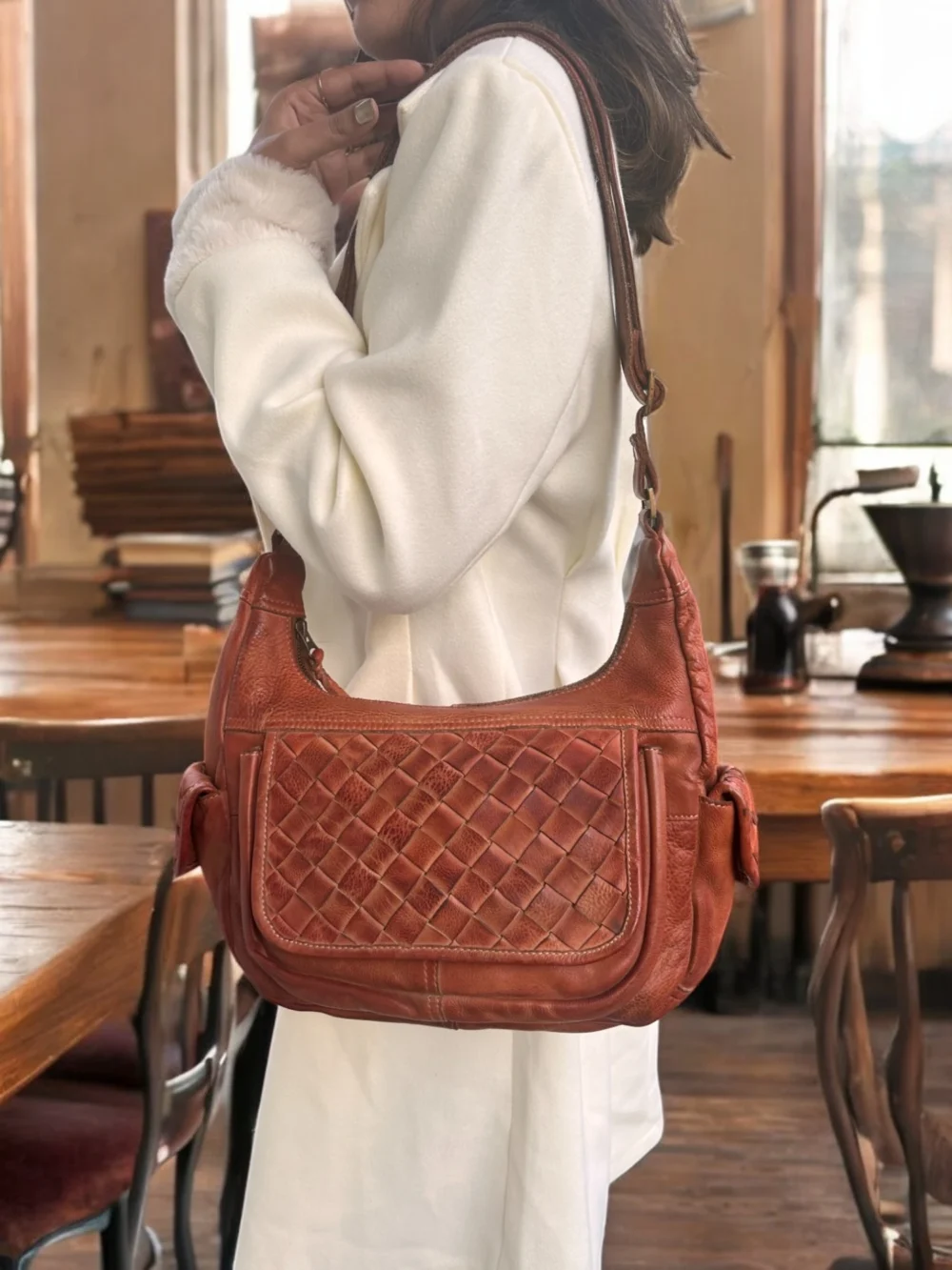 Maymith Handwoven Leather Shoulder Bag in Tan - Image 7