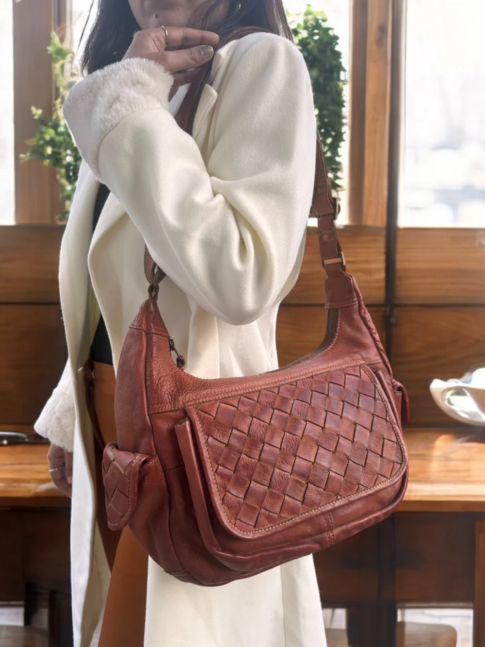 Maymith Handwoven Leather Shoulder Bag in Tan - Image 8