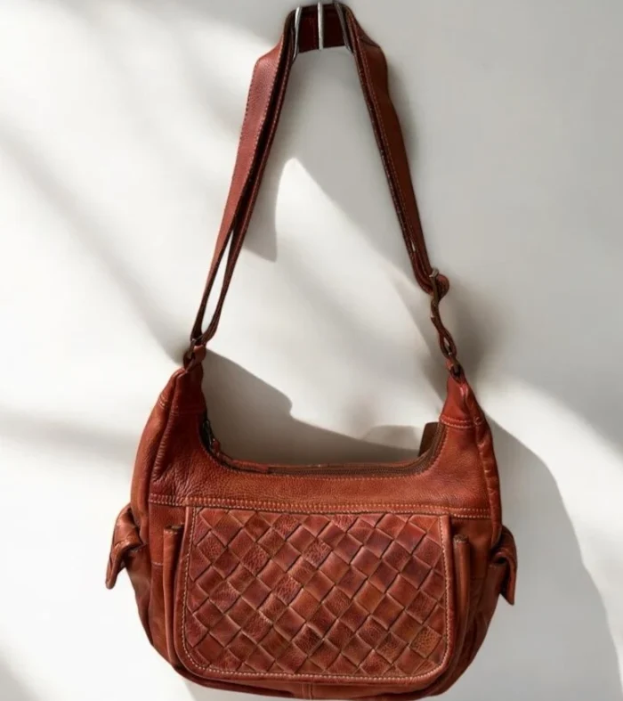 Maymith Handwoven Leather Shoulder Bag in Tan