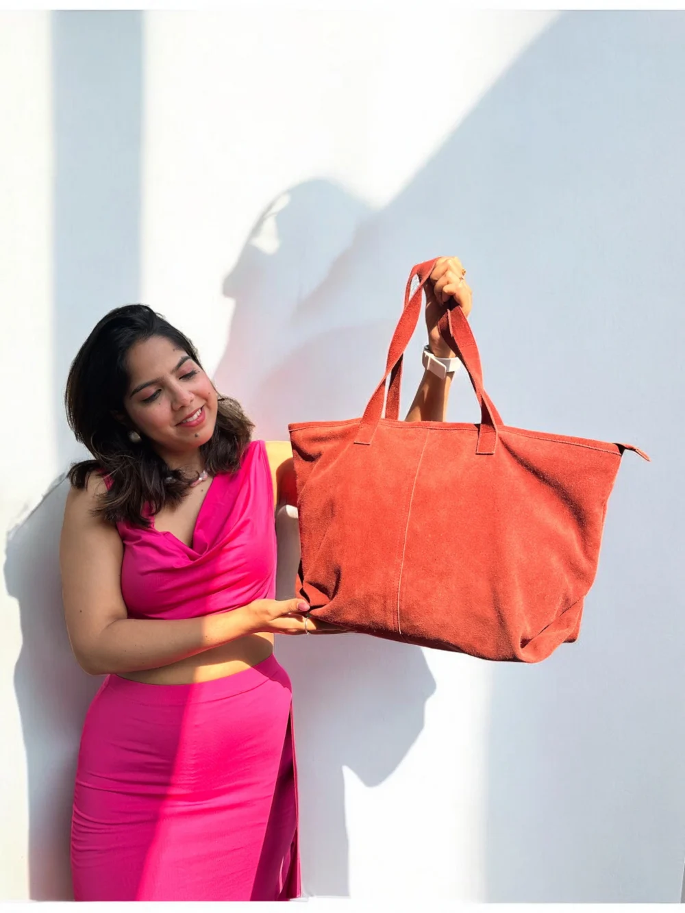 Maymith Premium Suede Bonded Tote Bag in Burgundy - Image 3