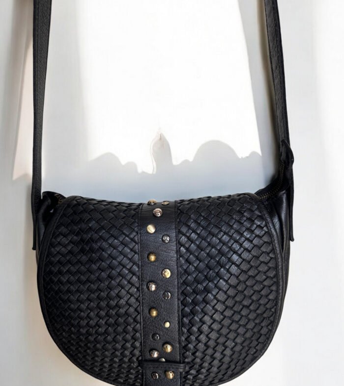 Maymith Noir Woven Saddle Bag – Edgy Elegance in Every Step